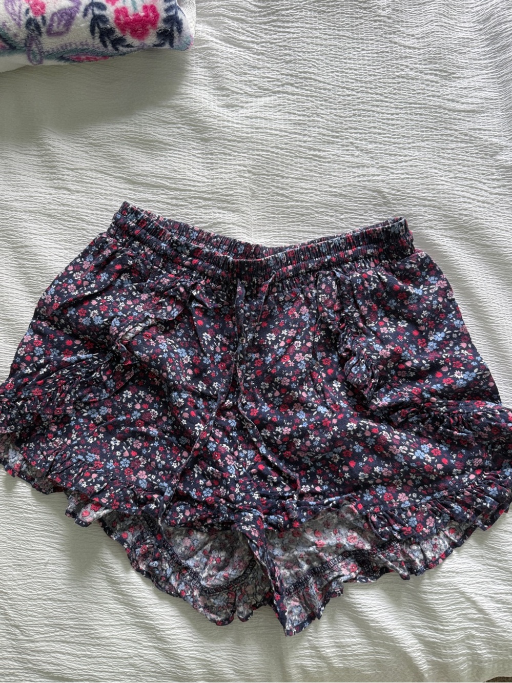 Floral Ruffle Women’s Shorts - Dark Navy with Pink & Blue Flowers
